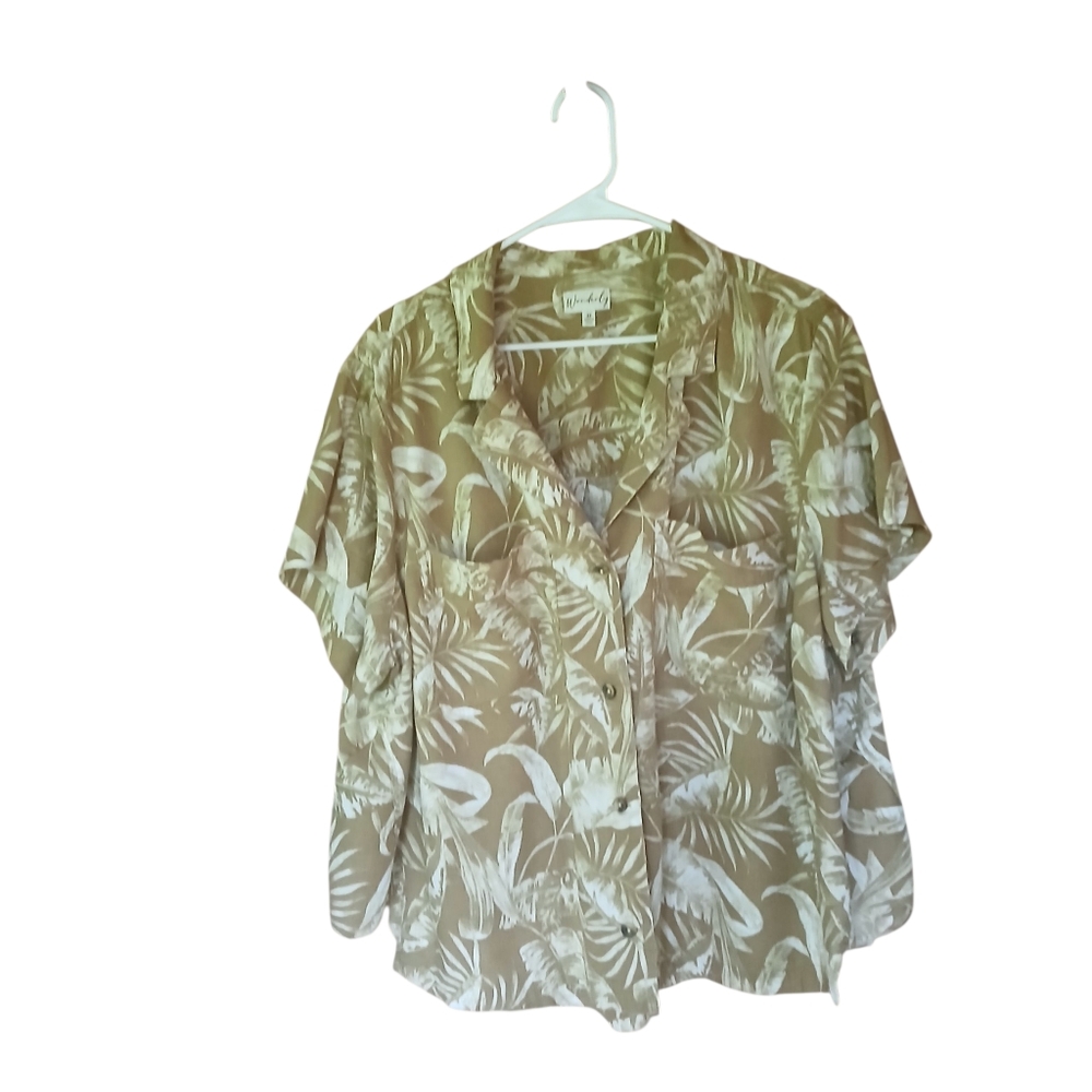 Wonderly Tan Floral Print Short Sleeved Button Down Linen Blend Shirt Size 3X